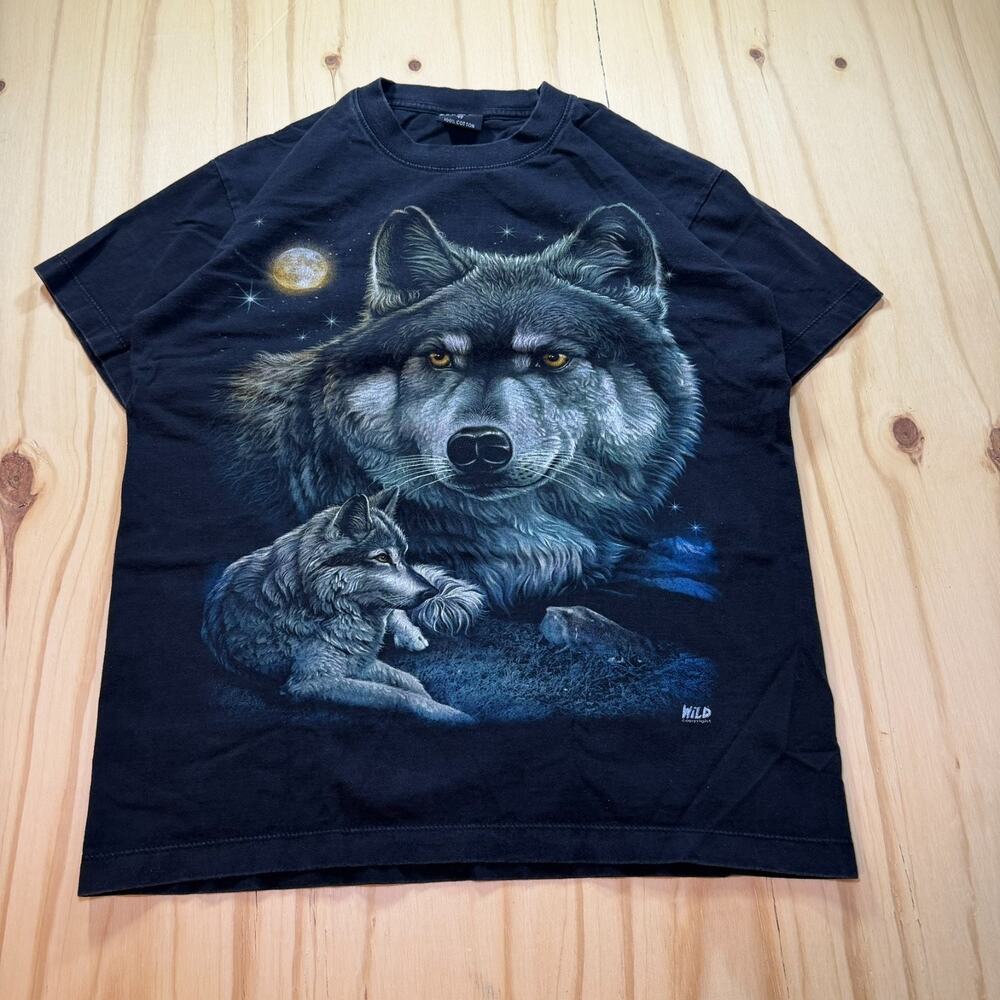Vintage 90s Wild Wolf Double Sided Graphic T-Shirt Black Nature Mens Size Medium